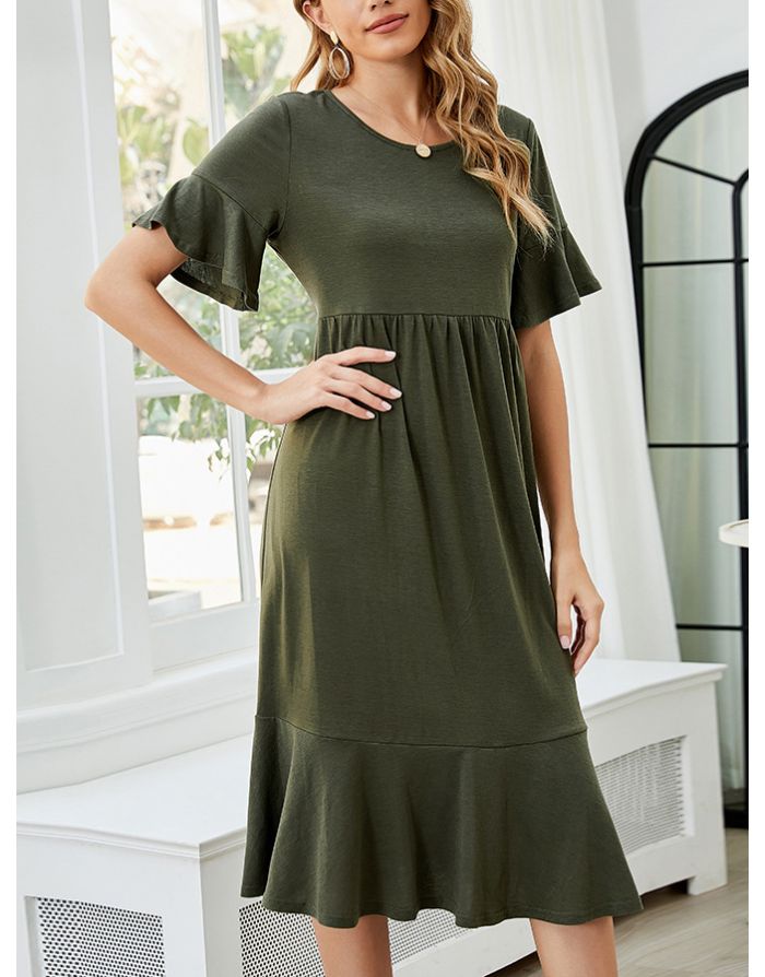 Spring Summer Solid Color Short Sleeve Round Neck Draped Flounced Hem Midi A-Line Dresses